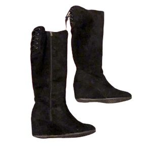 K studio black faux suede laced up lined wedge tall boots size 6